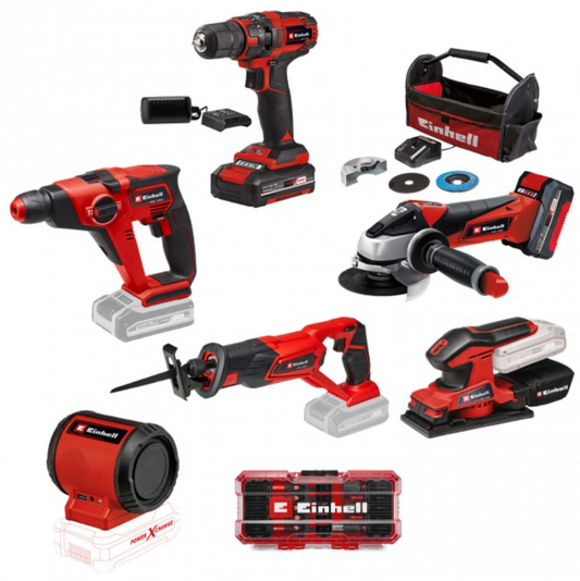 Pack 5 machines 18V + 1 offerte + 2 batteries + 1 sac de rangement + 1 coffret d’accessoires EINHELL